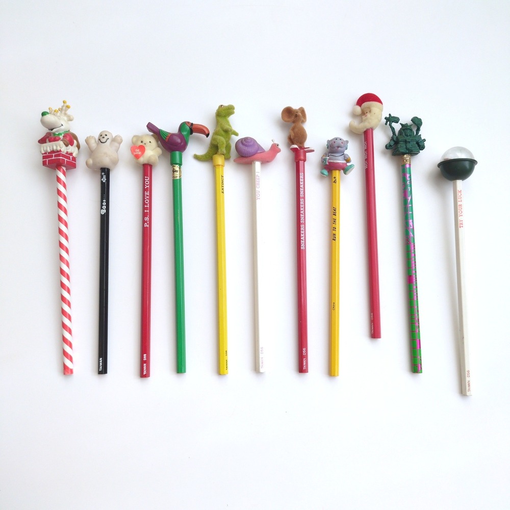 11 Vtg 80s 90s Russ Novelty Unused Pencils w/ Toppers Animal Holiday Fuzzy